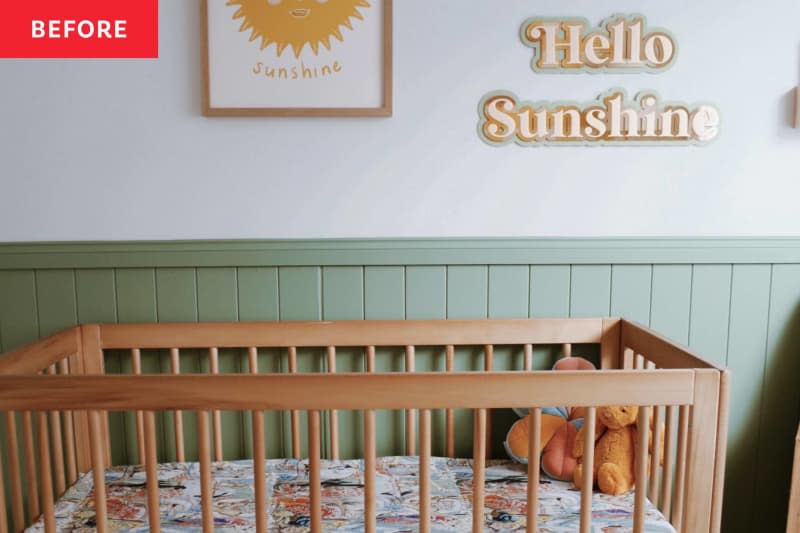 Light wood crib, green tongue and groove up half wall, hello sunshine art