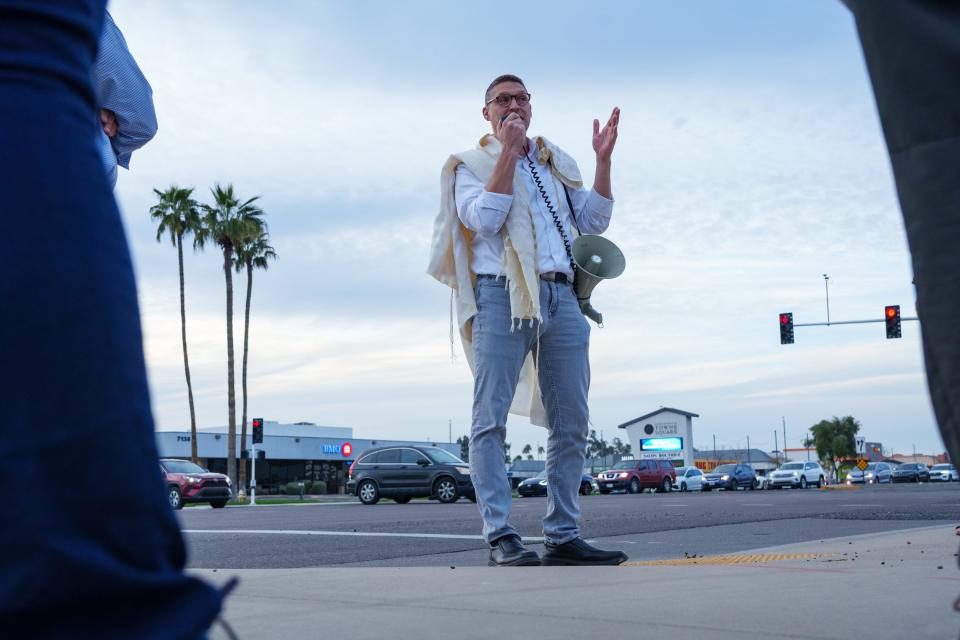 Rabbi Shmuly Yanklowitz speaks to supporters at a rally against antisemitism at the southeast corner of Scottsdale and Thunderbird roads on March 6, 2023, in Scottsdale.