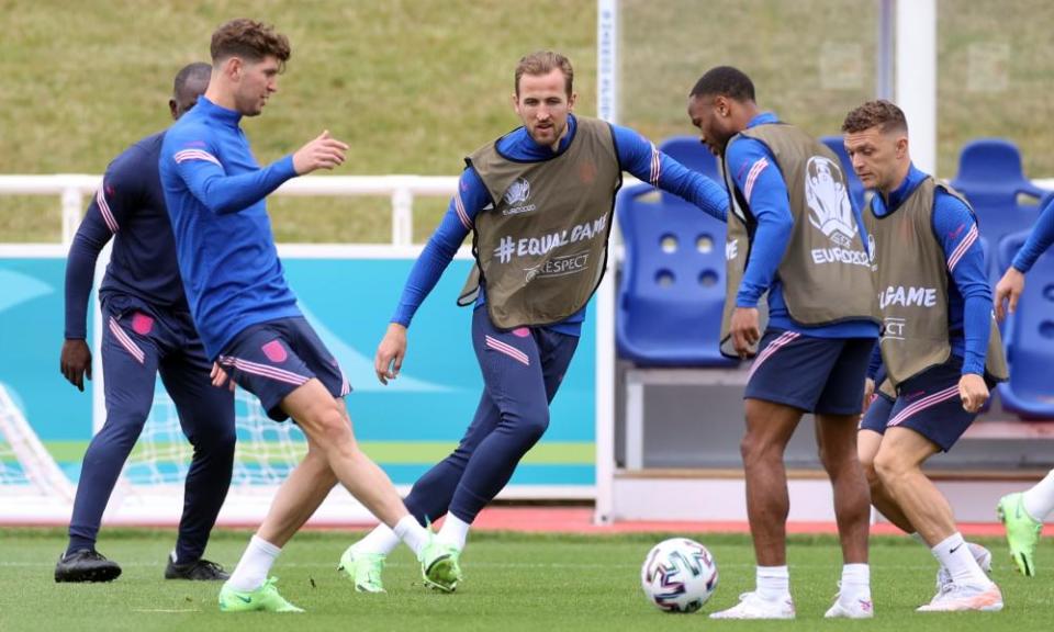 John Stones, Harry Kane, Raheem Sterling and Kieran Trippier in training.