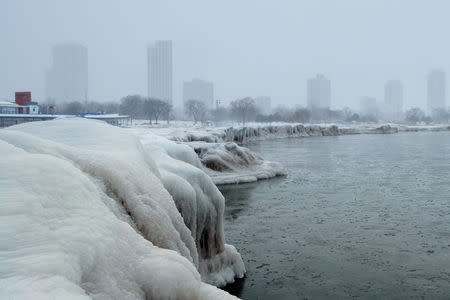 The city skyline is seen from the North Avenue Beach at Lake Michigan, as bitter cold phenomenon called the polar vortex has descended on much of the central and eastern United States, in Chicago, Illinois, U.S., January 29, 2019. REUTERS/Pinar Istek