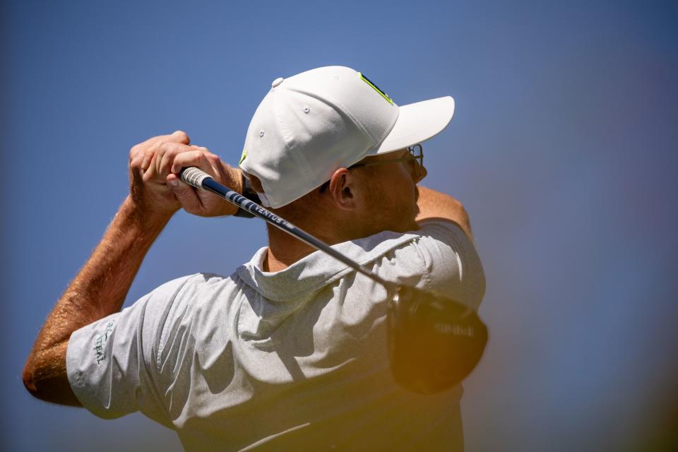 Mitchell Schow hits a tee shot during the Utah Championship, part of the PGA Korn Ferry Tour, at Oakridge Country Club in Farmington on Saturday, Aug. 5, 2023. | Spenser Heaps, Deseret News