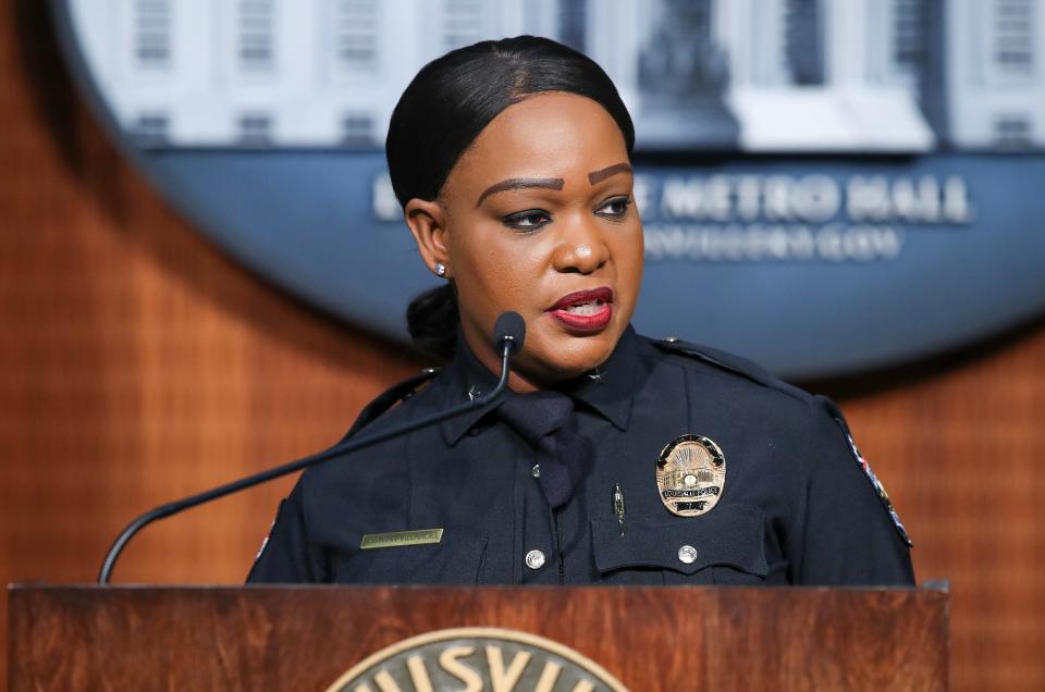 LMPD Interim Chief Jacquelyn Gwinn-Villaroel, speaks during a press conference announcing additional information to be released about complaints surrounding LMPD officers and their conduct on Friday, May26, 2023