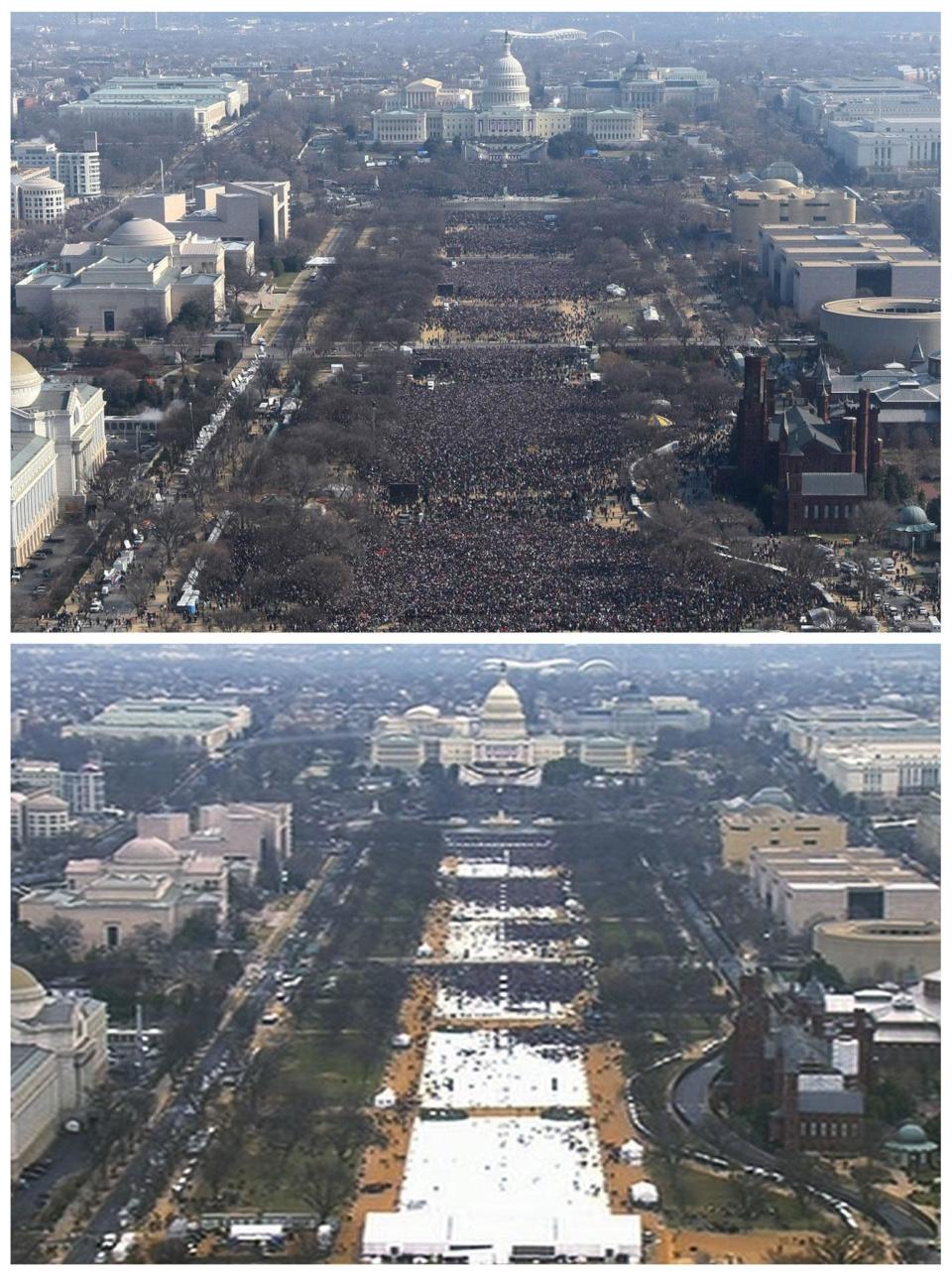 This pair of photos shows a view of the crowd on the National Mall at the inaugurations of President Barack Obama, above, on January 20, 2009, and President Donald Trump, below, on January 20, 2017. The photo above and the screengrab from video below were both shot shortly before noon from the top of the Washington Monument (Reuters)