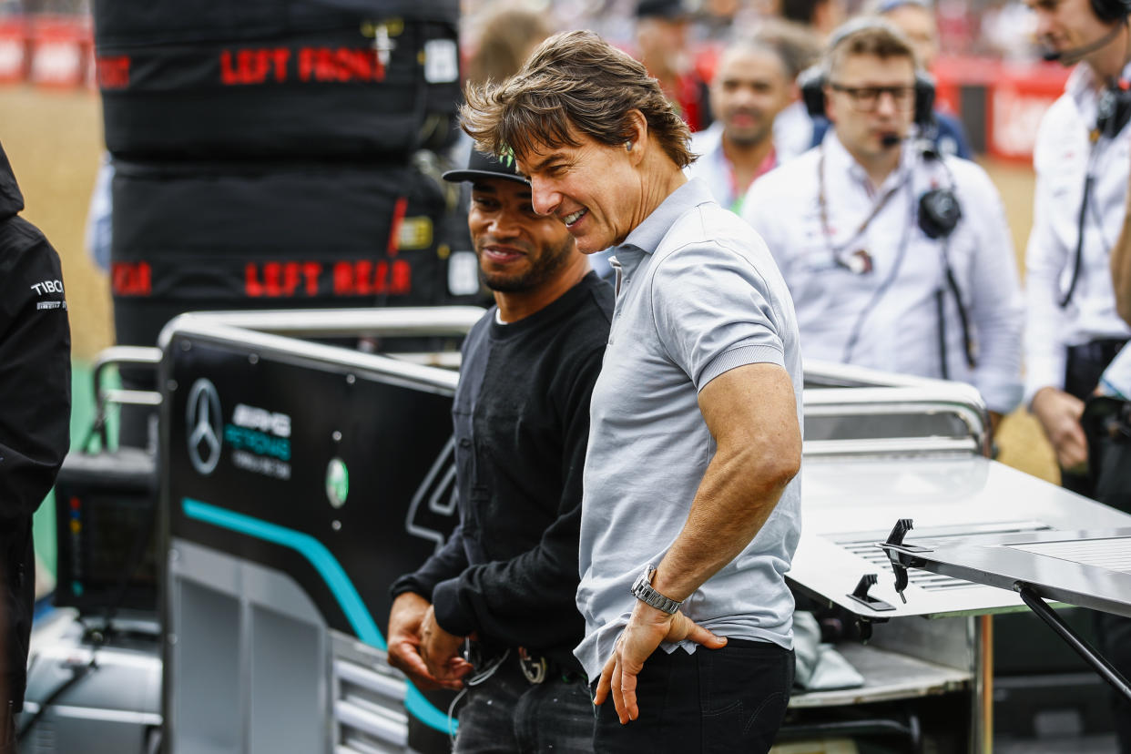 Tom Cruise with Nicolas Hamilton, brother of Lewis Hamilton portrait during the Formula 1 Grand Prix of Great Britain at Silverstone circuit from 31st of June to 3rd of July, 2022 in Northampton, England. (Photo by Gongora/NurPhoto via Getty Images)