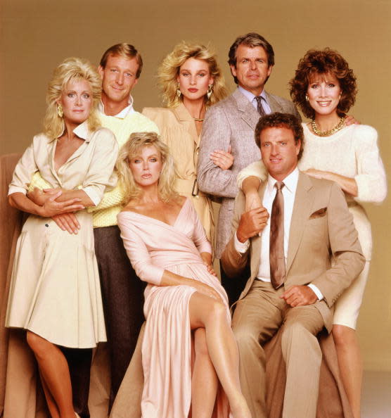 <div class="inline-image__caption"><p>'Knots Landing,' 1991. From left: Actors Joan van Ark, Ted Shackelford, Donna Mills (seated), Nicollette Sheridan, William Devane, Kevin Dobson, and Michele Lee. </p></div> <div class="inline-image__credit">CBS Photo Archive/Getty Images</div>