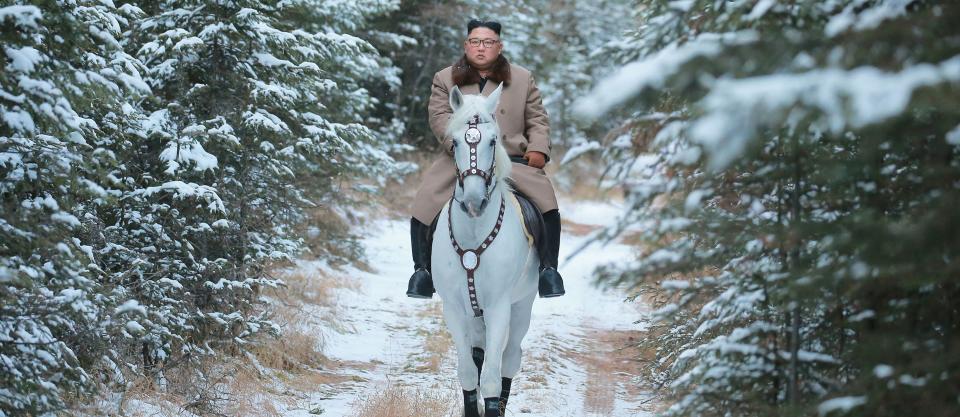 North Korean leader Kim Jong Un rides a horse during snowfall in Mount Paektu. (Photo: KCNA KCNA / Reuters)