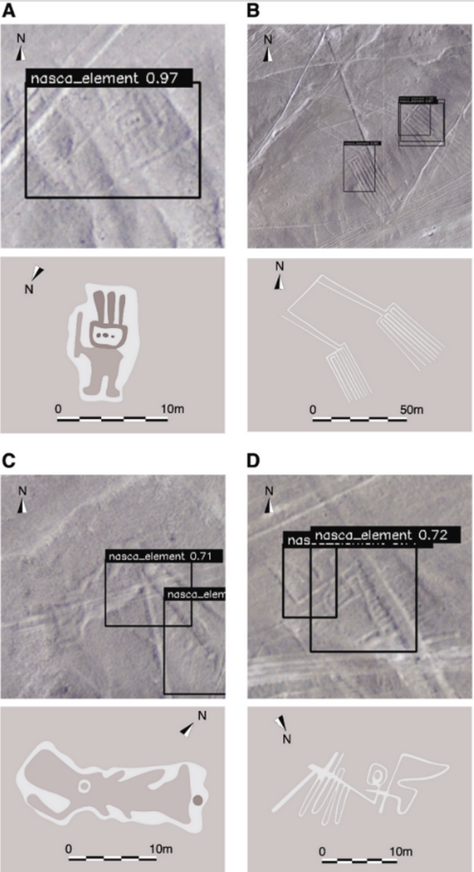 The four geoglyphs discovered depict a humanoid with a club, a pair of legs, a fish and a bird, researchers said.