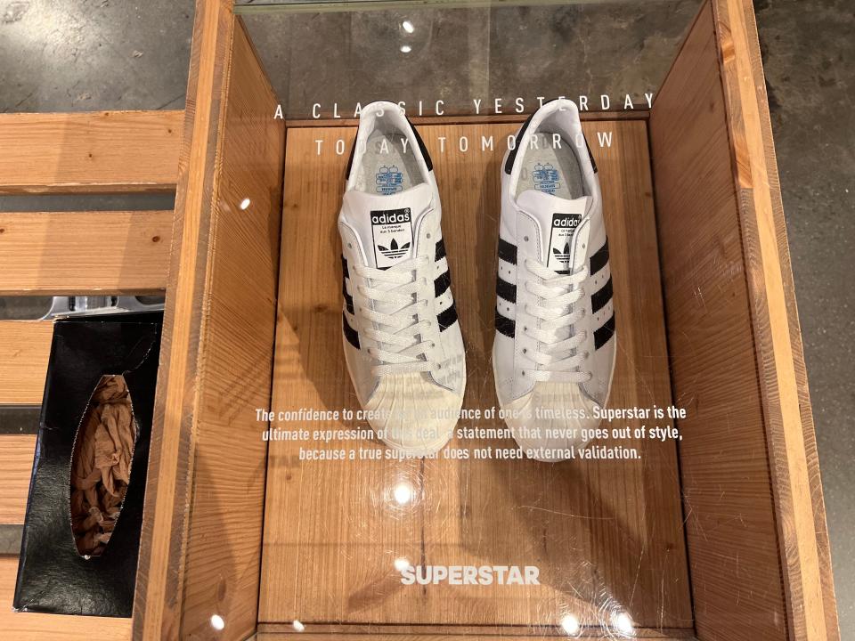 Adidas Superstar shoe display at the flagship store in New York City on Oct. 31, 2022.