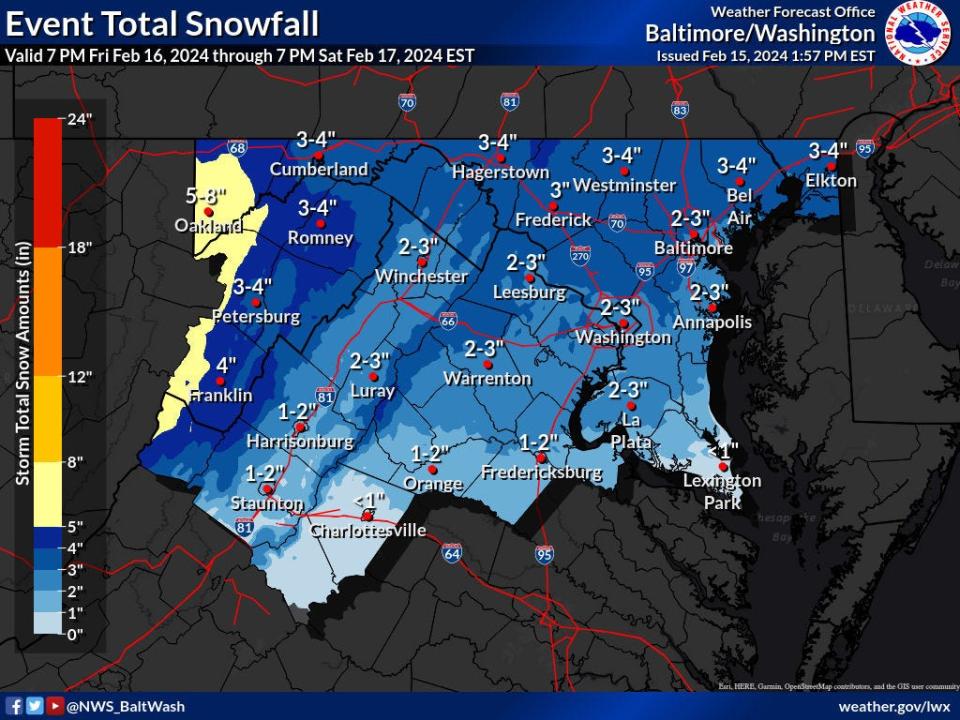 The National Weather Service is forecasting snow Friday night through Saturday morning, Feb. 16-17, 2024.