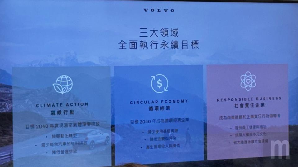 ▲Volvo分別以氣候行動、循環經濟與社會責任三大領域實現永續目標