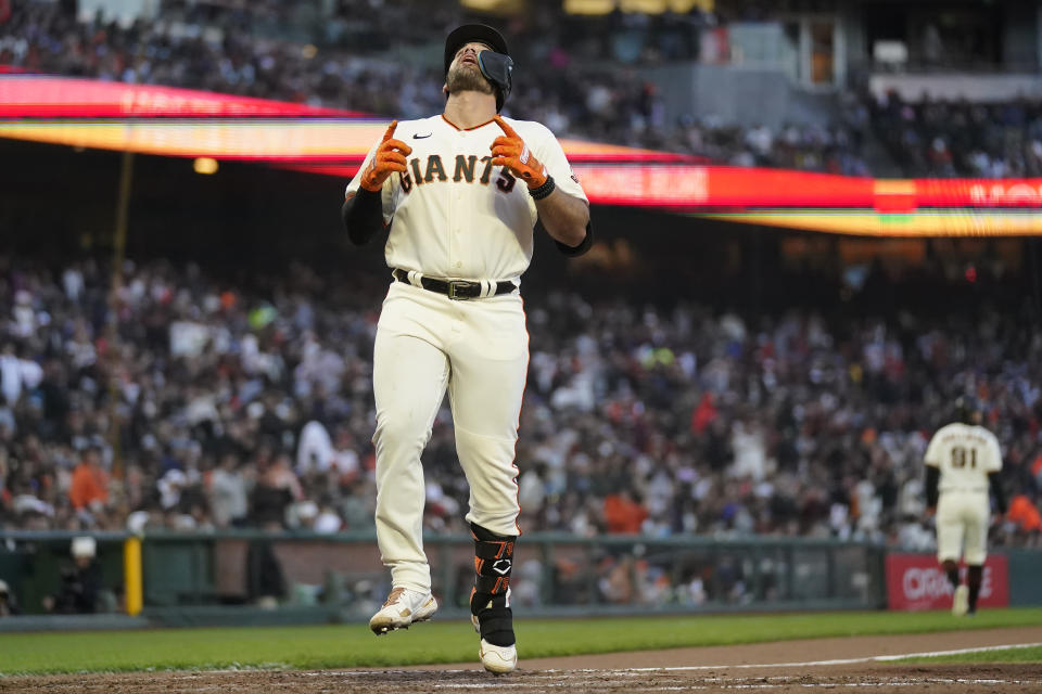 San Francisco Giants' David Villar celebrates after hitting a home run during the fifth inning of a baseball game against the San Diego Padres in San Francisco, Monday, June 19, 2023. (AP Photo/Jeff Chiu)