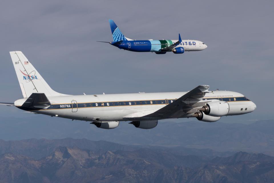 Boeing's ecoDemonstrator Explorer conducts flight tests over the Pacific Northwest on with NASA’s DC-8 Airborne Science Lab to study how sustainable aviation fuel (SAF) affects contrails. The 737 MAX 10 destined for United Airlines with LEAP-1B engines, flies with 100% SAF and conventional jet fuel in separate tanks and alternates fuels during testing.