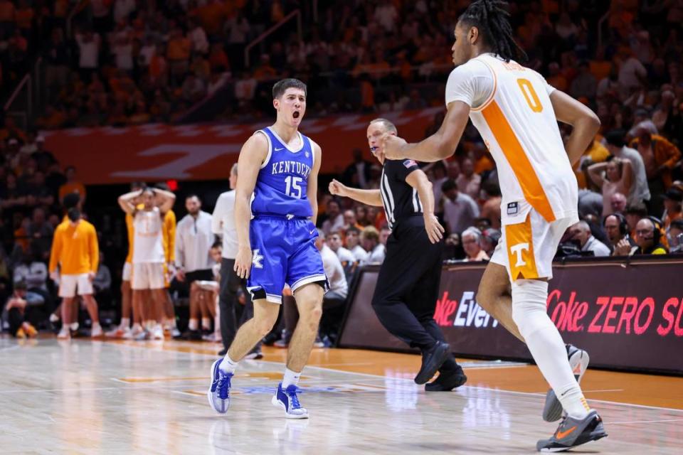 Kentucky freshman Reed Sheppard (15) celebrates after making a 3-pointer in his team’s win at Tennessee on March 9.