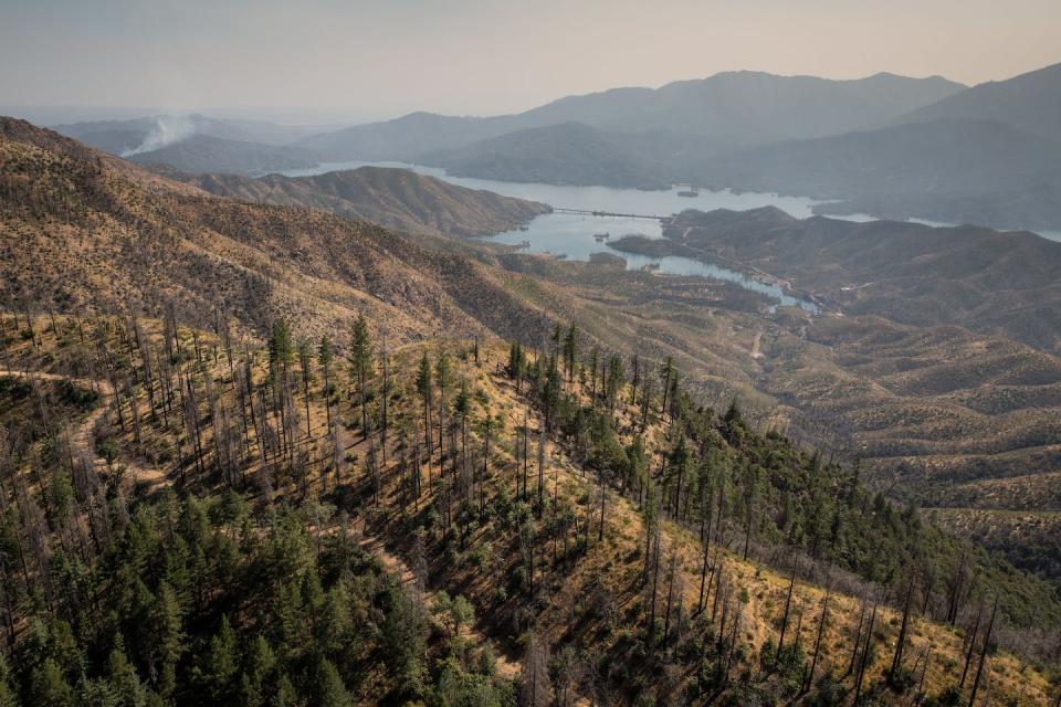 Wildfire burn scars can have many effects on the water quality and quantity reaching communities below. <a href="https://www.gettyimages.com/detail/news-photo/iron-mountain-and-whiskeytown-lake-site-of-the-destructive-news-photo/1334892056" rel="nofollow noopener" target="_blank" data-ylk="slk:George Rose/Getty Images;elm:context_link;itc:0;sec:content-canvas" class="link ">George Rose/Getty Images</a>