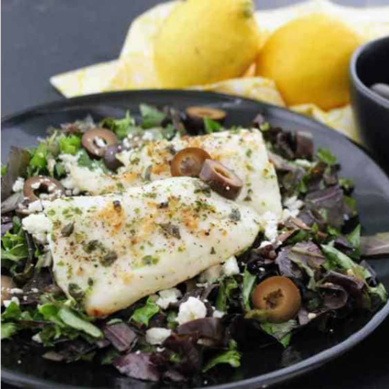 <p>Keen for Keto</p><p>This is lemon garlic tilapia with a twist—a Mediterranean twist! Using Greek-inspired ingredients, we made a salad fit for the (Greek) gods and placed this yummy, flaky tilapia atop the keto salad.</p><p><strong>Get the recipe: <a href="https://keenforketo.com/easy-keto-lemon-garlic-mediterranean-tilapia-greek-salad-dressing/" rel="nofollow noopener" target="_blank" data-ylk="slk:Easy Keto Lemon Garlic Mediterranean Tilapia;elm:context_link;itc:0;sec:content-canvas" class="link ">Easy Keto Lemon Garlic Mediterranean Tilapia</a></strong></p>