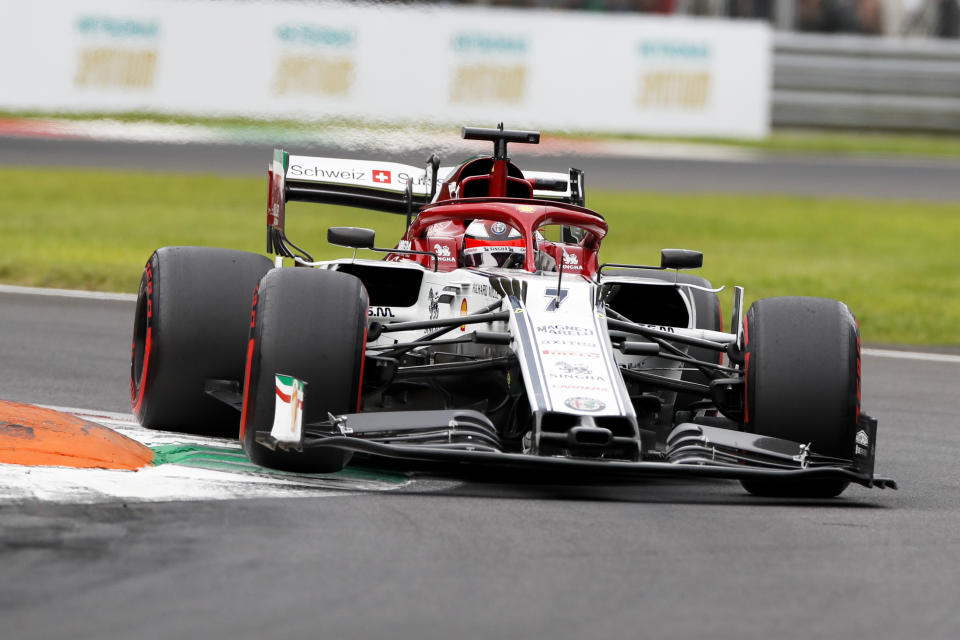 Alfa Romeo driver Kimi Raikkonen of Finland steers his car during the third free practice at the Monza racetrack, in Monza, Italy , Saturday, Sept.7, 2019. The Formula one race will be held on Sunday. (AP Photo/Antonio Calanni)