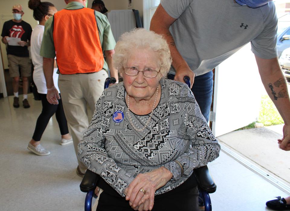 Centenarian Mabel Dorothy Duty Cook of Chesterfield wears her 'I voted' sticker proudly after casting her ballot at the Registrar's Office in Chesterfield on Oct. 15, 2020.