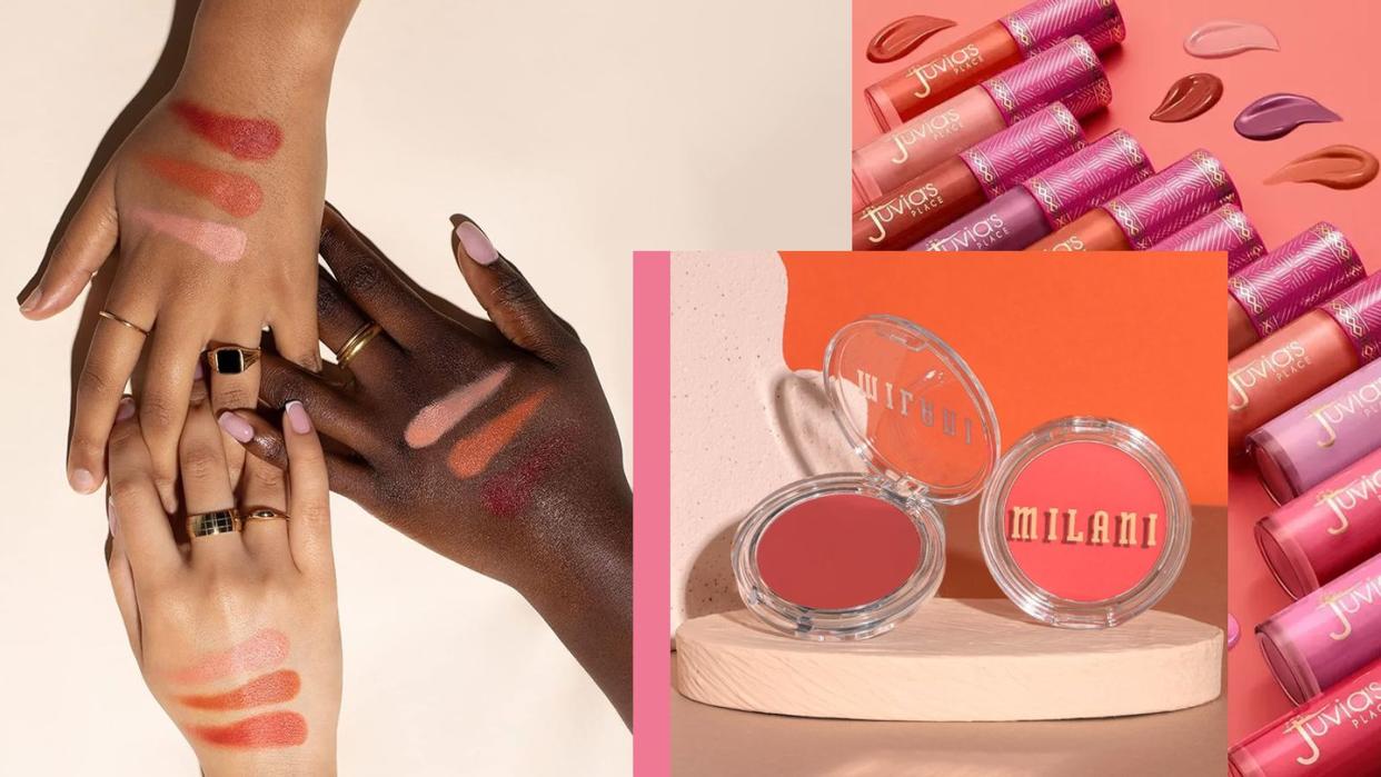 hands with shades of pigmented blush swatched on them, milani blush on display, a variety of juvias place blushed liquid blush