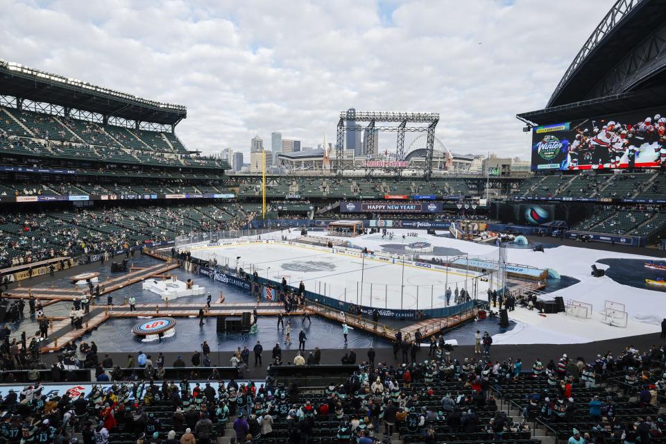 Jan 1, 2024; Seattle, Washington, USA; General view of T-Mobile Park before the 2024 Winter Classic ice hockey game between the Vegas Golden Knights and Seattle Kraken. Mandatory Credit: Joe Nicholson-USA TODAY Sports