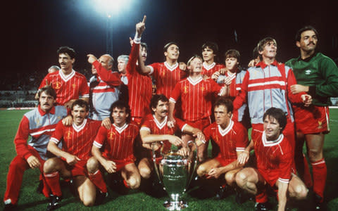 1984: The Liverpool Team celebrate after winning the 1984 European Cup Final between AS Roma v Liverool held at the Olympic Stadium, Rome, Italy. - Credit: GETTY IMAGES