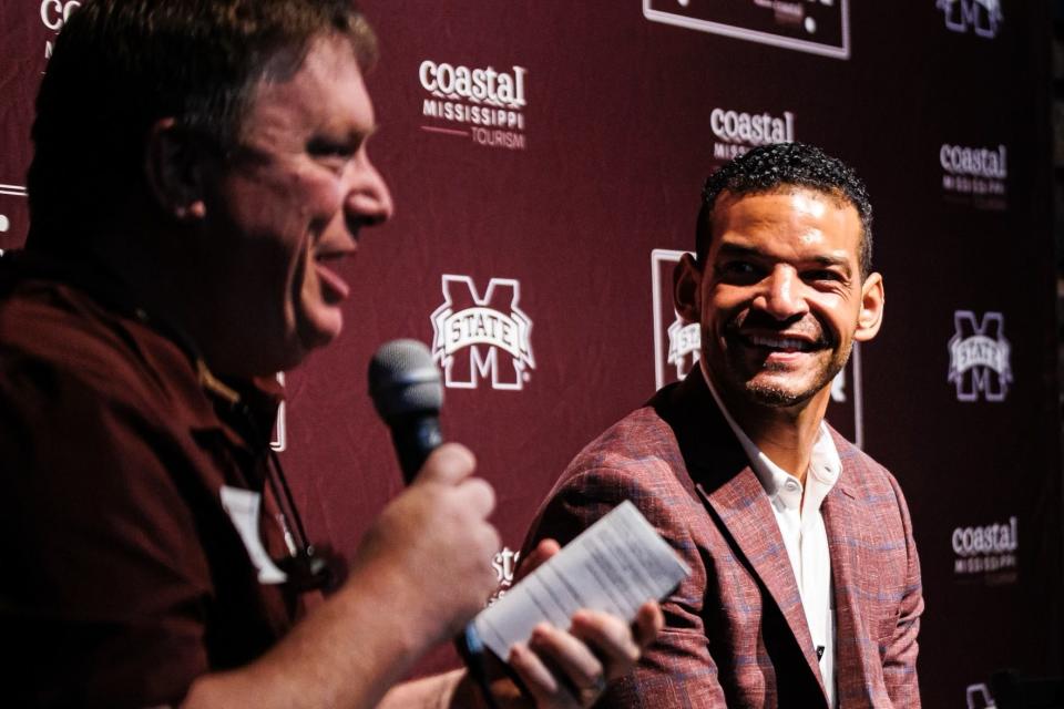 Mississippi State athletics director Zac Selmon (right) smiles during the 2023 Road Dawgs Tour. Selmon was hired as AD in January 2023.