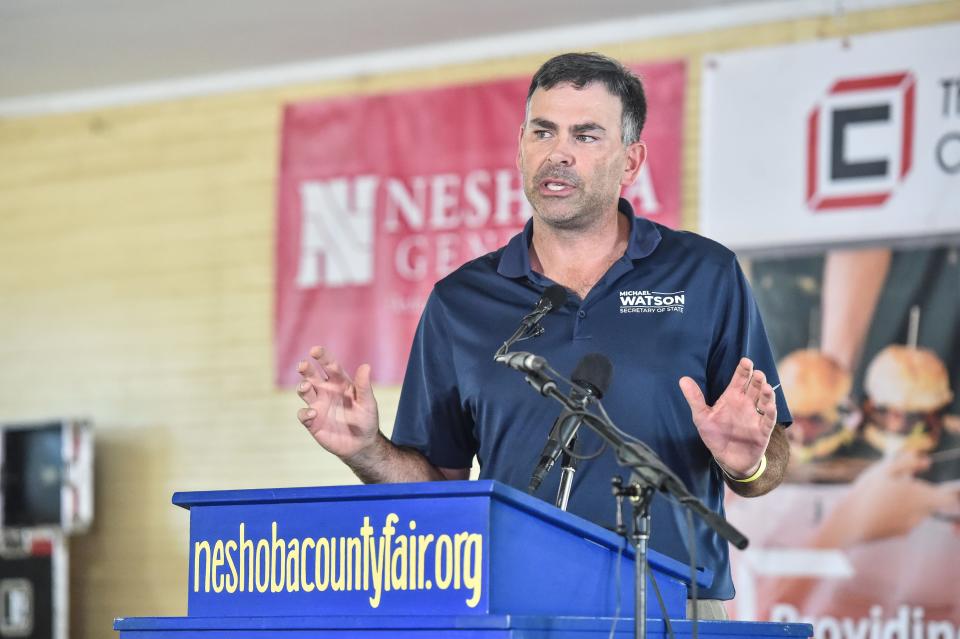 Secretary of State Michael Watson speaks at the Neshoba County Fair in Philadelphia on Thursday, July 28, 2022.