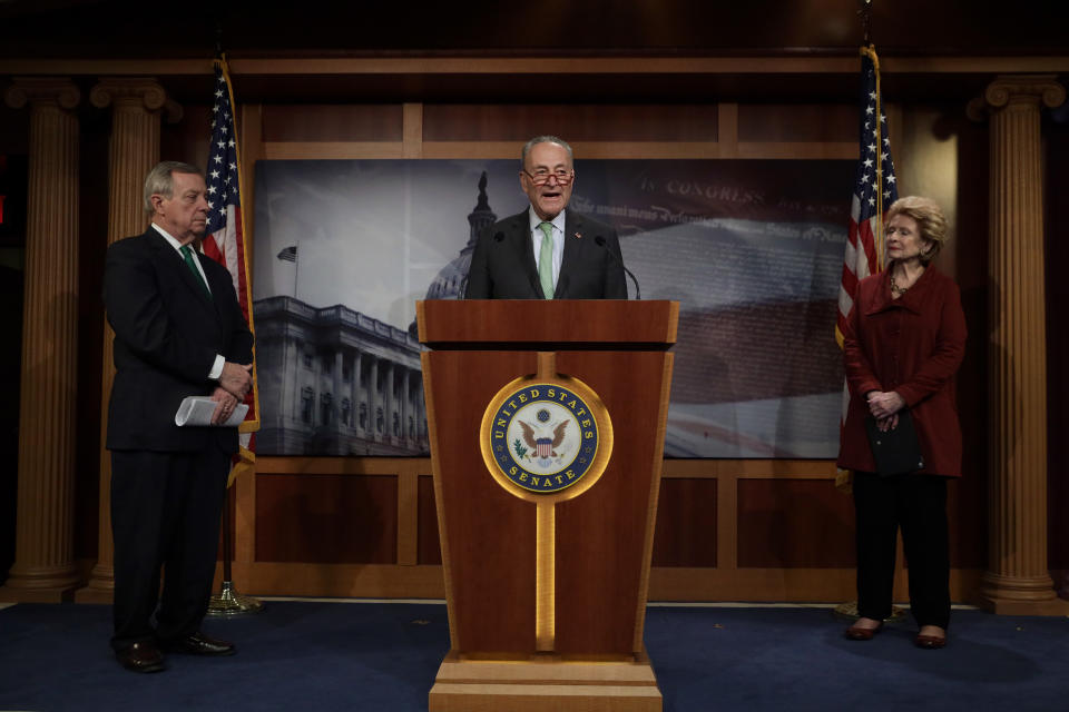 WASHINGTON, DC - MARCH 17: U.S. Senate Minority Leader Sen. Chuck Schumer (D-NY) speaks as Senate Minority Whip Sen. Richard Durbin (D-IL) and Sen. Debbie Stabenow (D-MI) listen during a news conference at the U.S. Capitol March 17, 2020 in Washington, DC. Senate Majority Leader Sen. Mitch McConnell said the Senate will pass the House coronavirus funding package in response to the outbreak of COVID-19. (Photo by Alex Wong/Getty Images)