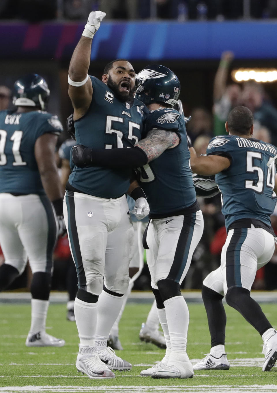 <p>Philadelphia Eagles defensive end Brandon Graham (55) celebrates after causing a fumble by New England Patriots quarterback Tom Brady, during the second half of the NFL Super Bowl 52 football game, Sunday, Feb. 4, 2018, in Minneapolis. (AP Photo/Chris O’Meara) </p>