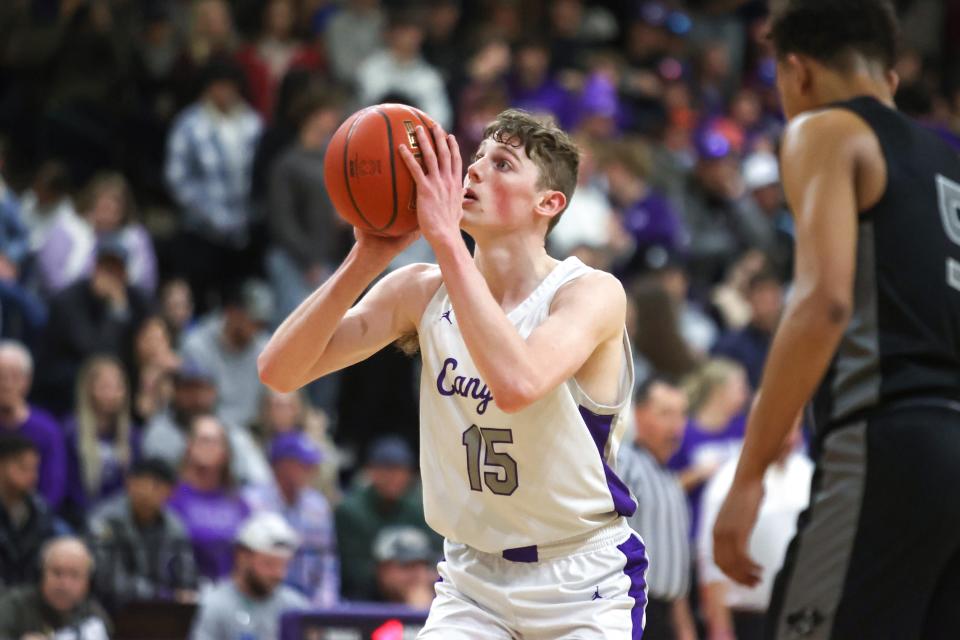 Canyon’s Kelson Jones (15) attempts a free throw in a District 4-4A game against Randall, Tuesday, January 31, 2023, at Canyon High School, Canyon, Tx.  Canyon won 62-47.