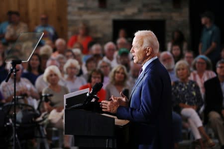 2020 Democratic U.S. presidential candidate and former Vice President Joe Biden speaks during a campaign stop in Burlington