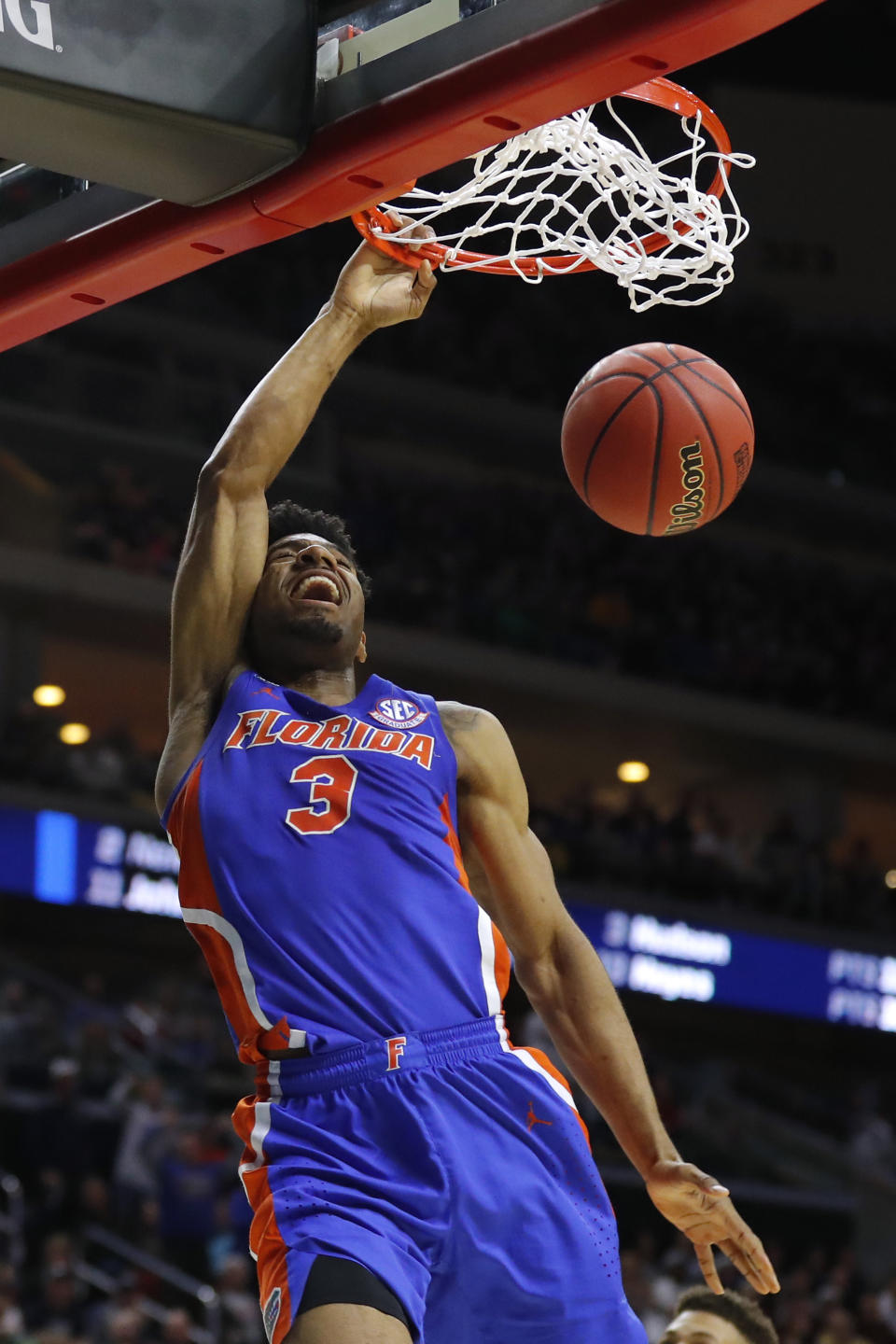 Florida guard Jalen Hudson dunks the ball during a first round men's college basketball game against Nevada in the NCAA Tournament, Thursday, March 21, 2019, in Des Moines, Iowa. (AP Photo/Charlie Neibergall)