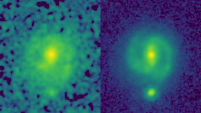 Hubble (left) and Webb (right) images of EGS 23205 at near- and mid-infrared wavelengths.