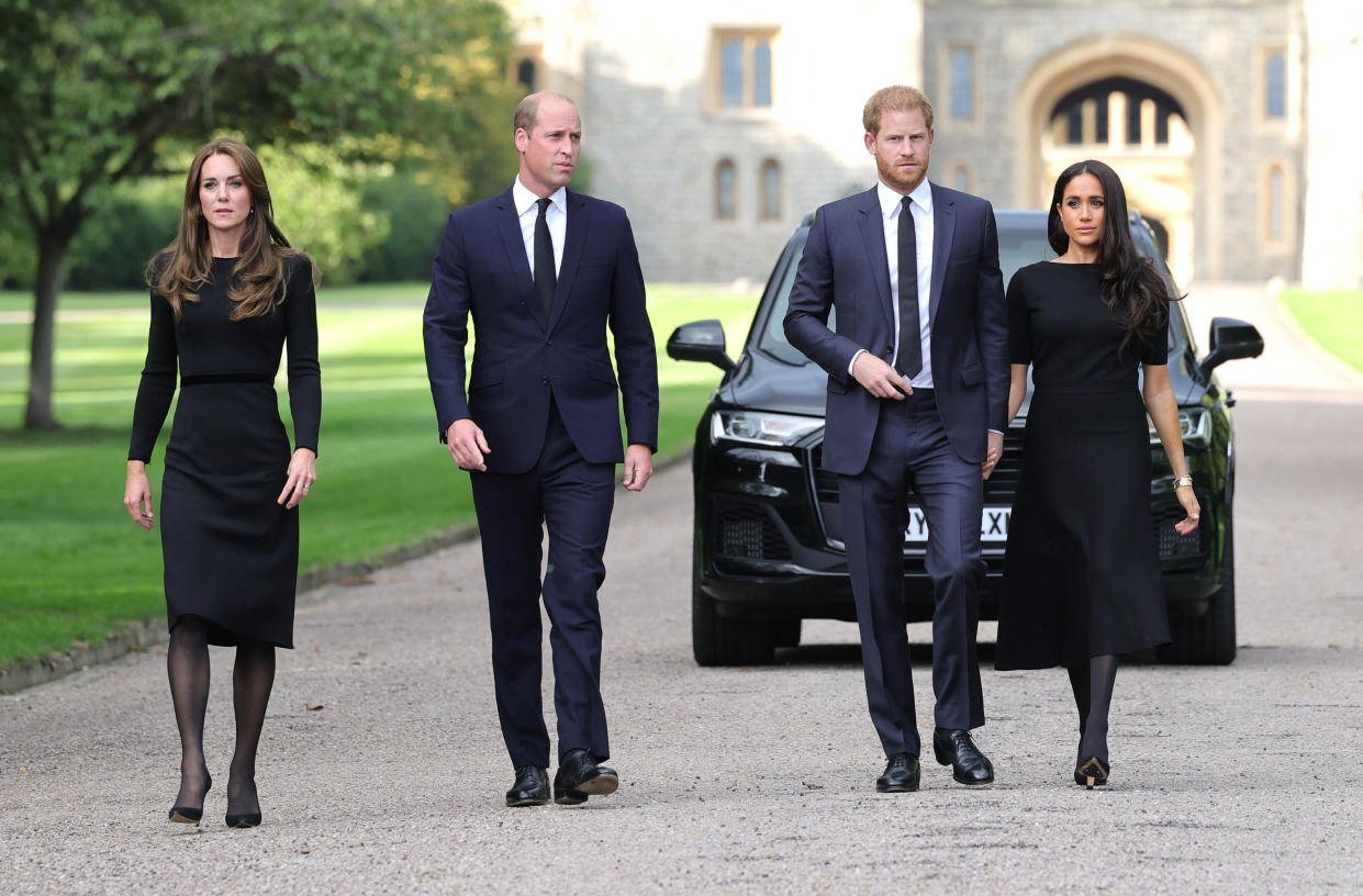 Britain's William, Prince of Wales, Catherine, Princess of Wales, Britain's Prince Harry and Meghan, the Duchess of Sussex on the long walk at Windsor Castle, following the passing of Britain's Queen Elizabeth, in Windsor, Britain, September 10, 2022. Chris Jackson/Pool via REUTERS