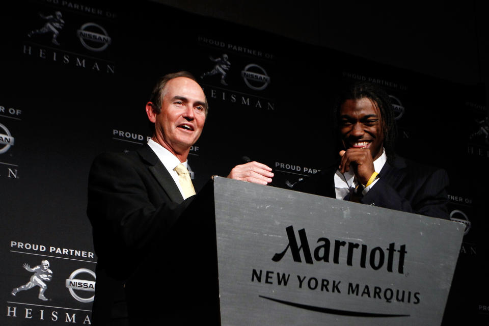 NEW YORK, NY - DECEMBER 10: (L-R) Coach Art Briles and Heisman Memorial Trophy Award winner Robert Griffin III of the Baylor Bears speak at a press conference at The New York Marriott Marquis on December 10, 2011 in New York City. (Photo by Jeff Zelevansky/Getty Images)