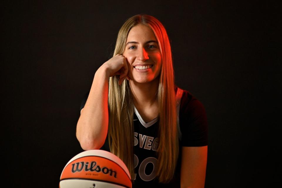 <p>David Becker/Getty</p> Kate Martin #20 of the Las Vegas Aces poses for a head shot during the WNBA media day at Vu Studios on May 03, 2024