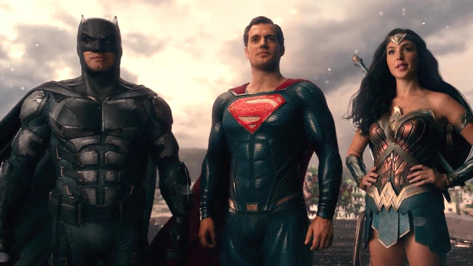 Ben Affleck, Henry Cavill and Gal Gadot in 'Justice League'. (Credit: DC/Warner Bros)