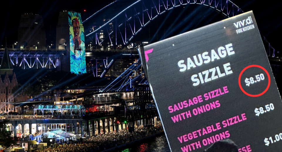 Sydney Harbour Bridge during Vivid Sydney next to food stall menu