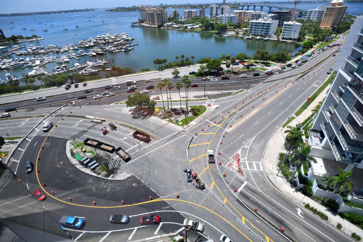 Construction crews are building a roundabout at U.S. 41 and Gulfstream Avenue. This photo was taken soon after a new traffic pattern was created at the intersection last August.