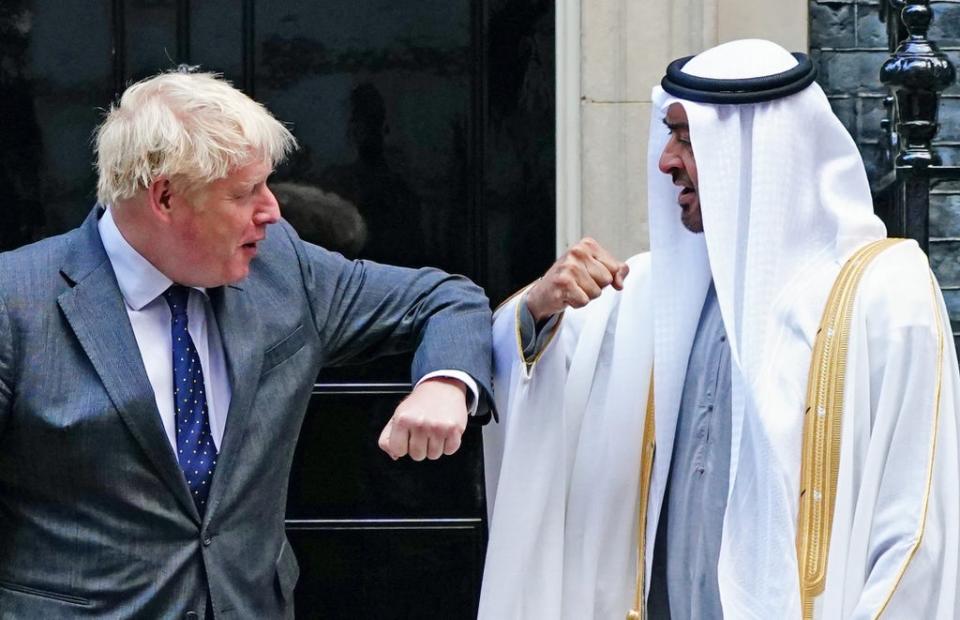 Prime Minister Boris Johnson welcomes Sheikh Mohammed bin Zayed Al Nahyan, Crown Prince of the Emirate of Abu Dhabi, to 10 Downing Street (PA) (PA Wire)