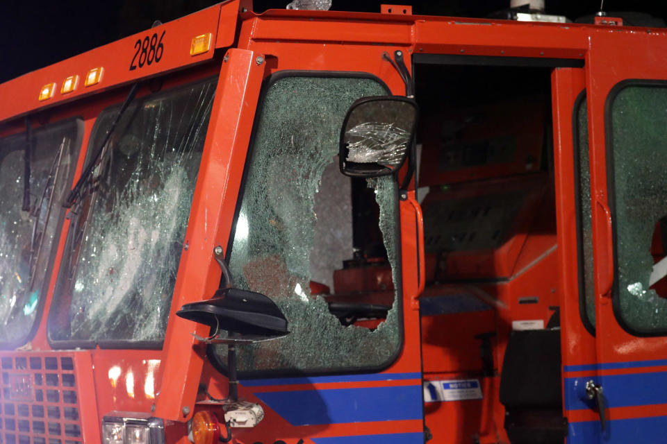 Aug 23, 2020; Kenosha, WI, USA; Windows are smashed in a city truck outside the Kenosha County Courthouse in Kenosha on Sunday, Aug. 23, 2020. Kenosha police shot a man Sunday evening, setting off unrest in the city.Mandatory Credit: Mike De Sisti/Milwaukee Journal Sentinel via USA TODAY NETWORK/Sipa USA