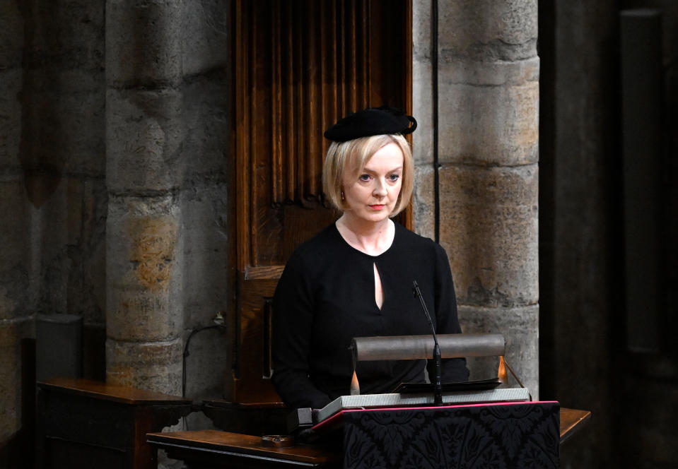 U.K. Prime Minister Liz Truss delivers a reading during The State Funeral of Queen Elizabeth II at Westminster Abbey on Sept. 19, 2022 in London.<span class="copyright">Gareth Cattermole—Getty Images</span>