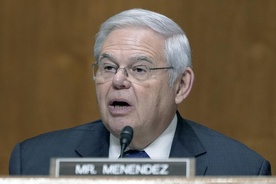 Menendez talks during a Senate finance hearing on Capitol Hill.