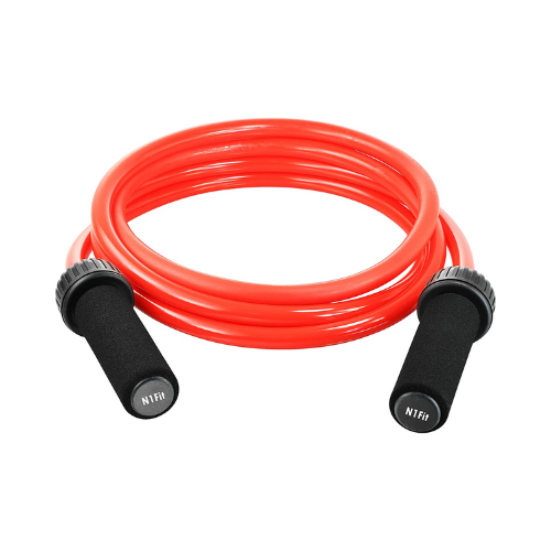 wrapped bright red weighted jump rope with black handles against white background