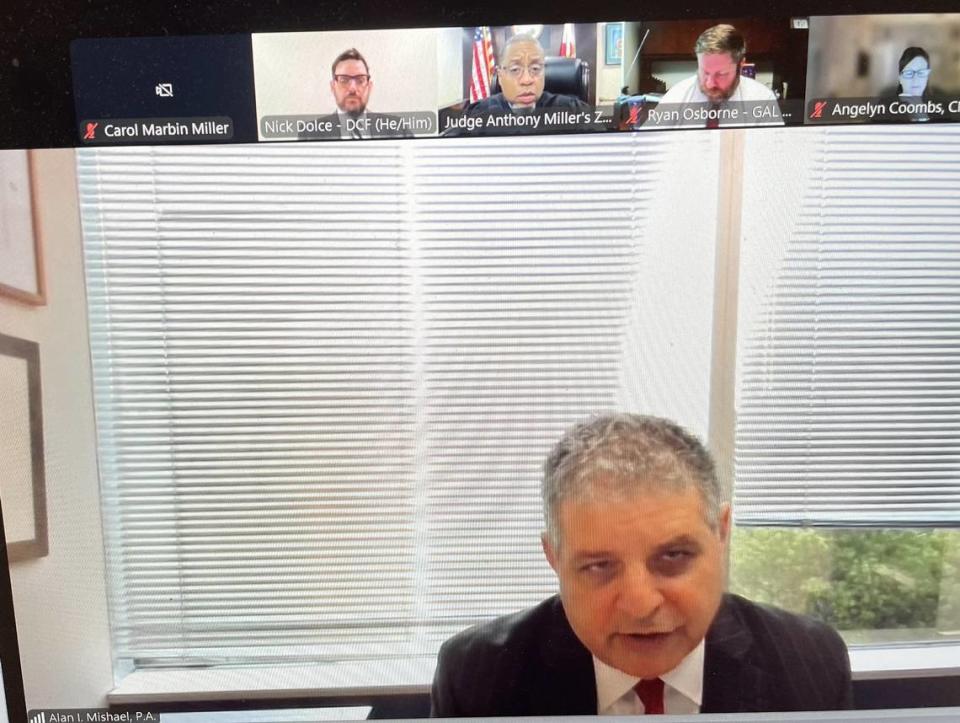 Attorney Alan Mishael, representing the Rosenberg family, speaks during a Leon County Circuit Court hearing via video conference on Friday, May 17, 2024. Florida’s Department of Children and Families is in a dispute with their former ombudsman, Heather Rosenberg, over custody of her three special needs children.