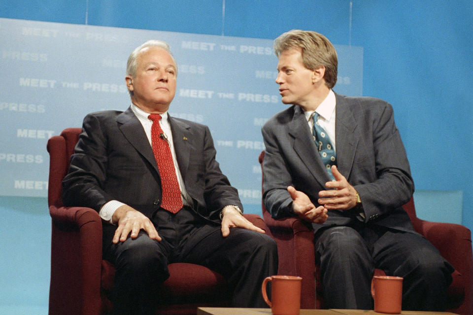 FILE - In this Nov. 10, 1991 file photo, Republican gubernatorial candidate David Duke, right, talks to his opponent, Democratic former Gov. Edwin Edwards after the two men appeared together on NBC's "Meet the Press," in New Orleans. Edwin Washington Edwards, the high-living four-term governor whose three-decade dominance of Louisiana politics was all but overshadowed by scandal and an eight-year federal prison stretch, died Monday, July 12, 2021 . He was 93. Edwards died of respiratory problems with family and friends by his bedside, family spokesman Leo Honeycutt said. He had suffered bouts of ill health in recent years and entered hospice care this month at his home in Gonzales, near the Louisiana capital. (AP Photo/Tannen Maury, File)