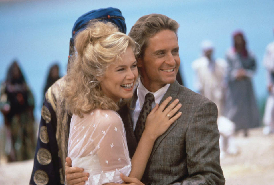 American actors Kathleen Turner and Michael Douglas on the set of The Jewel of the Nile directed by Lewis Teague. (Photo by Sunset Boulevard/Corbis via Getty Images)