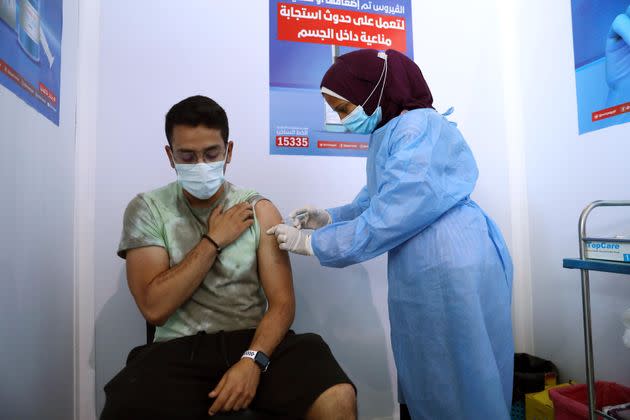 A man receives the COVID-19 vaccine at a mass vaccination venue in Cairo, Egypt.  (Photo: Ahmed Gomaa/Xinhua via Getty Images)