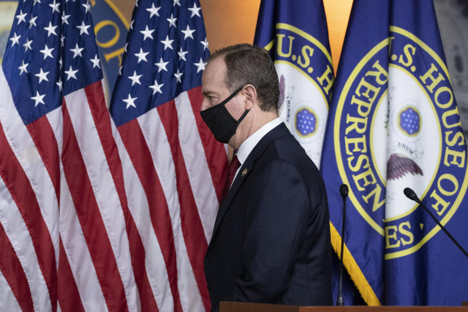 FILE - In this June 30, 2020, file photo, Rep. Adam Schiff, D-Calif., Chairman of the House Intelligence Committee, departs after a news conference on Capitol Hill, after a meeting at the White House in Washington. Before they take office, elected officials swear to uphold the U.S. Constitution. But what happens when they're accused of doing the opposite? Schiff asked, “Does our oath to uphold the constitution, taken just days ago, mean so very little? I think not,” adding that “an oath is no less broken when the breaking fails to achieve its end.”(AP Photo/Alex Brandon, File)