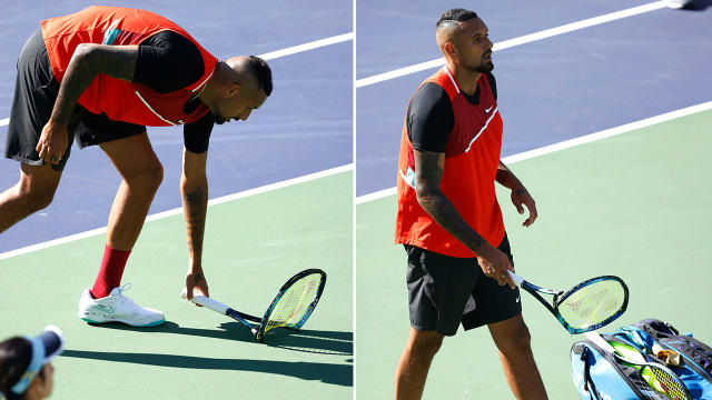 Nick Kyrgios received a code violation for smashing his racquet in the first set against Rafa Nadal. Pic: AAP