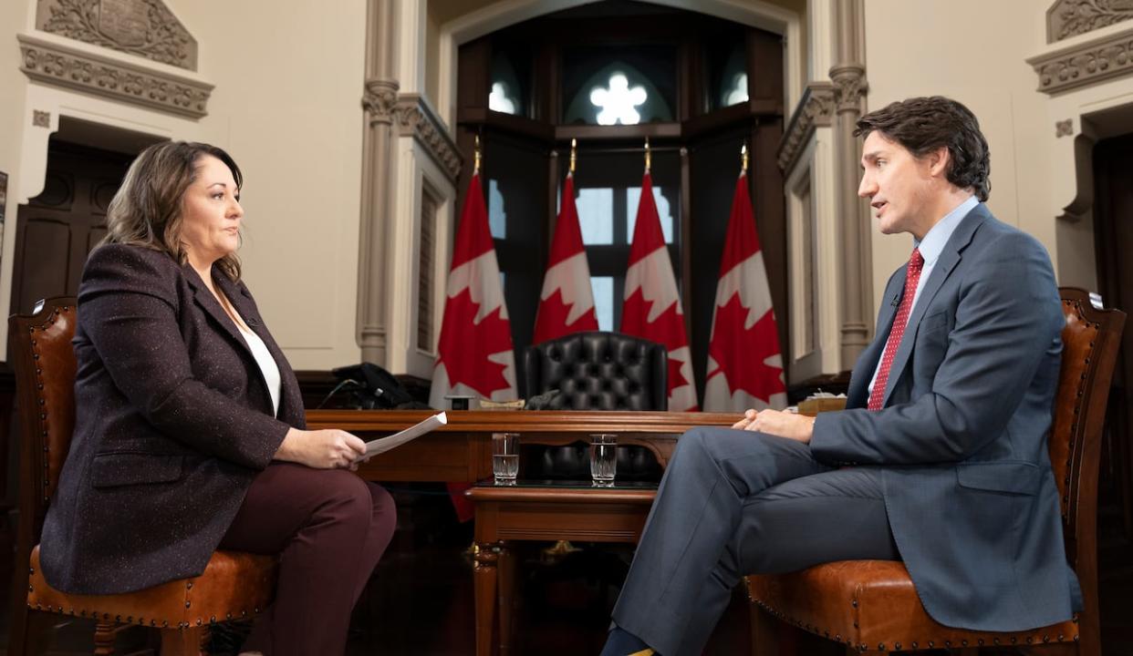 Prime Minister Justin Trudeau sits down with CBC chief political correspondent Rosemary Barton for a year-end interview on Tuesday, Dec. 19, 2023. (Marc Robichaud/CBC News - image credit)